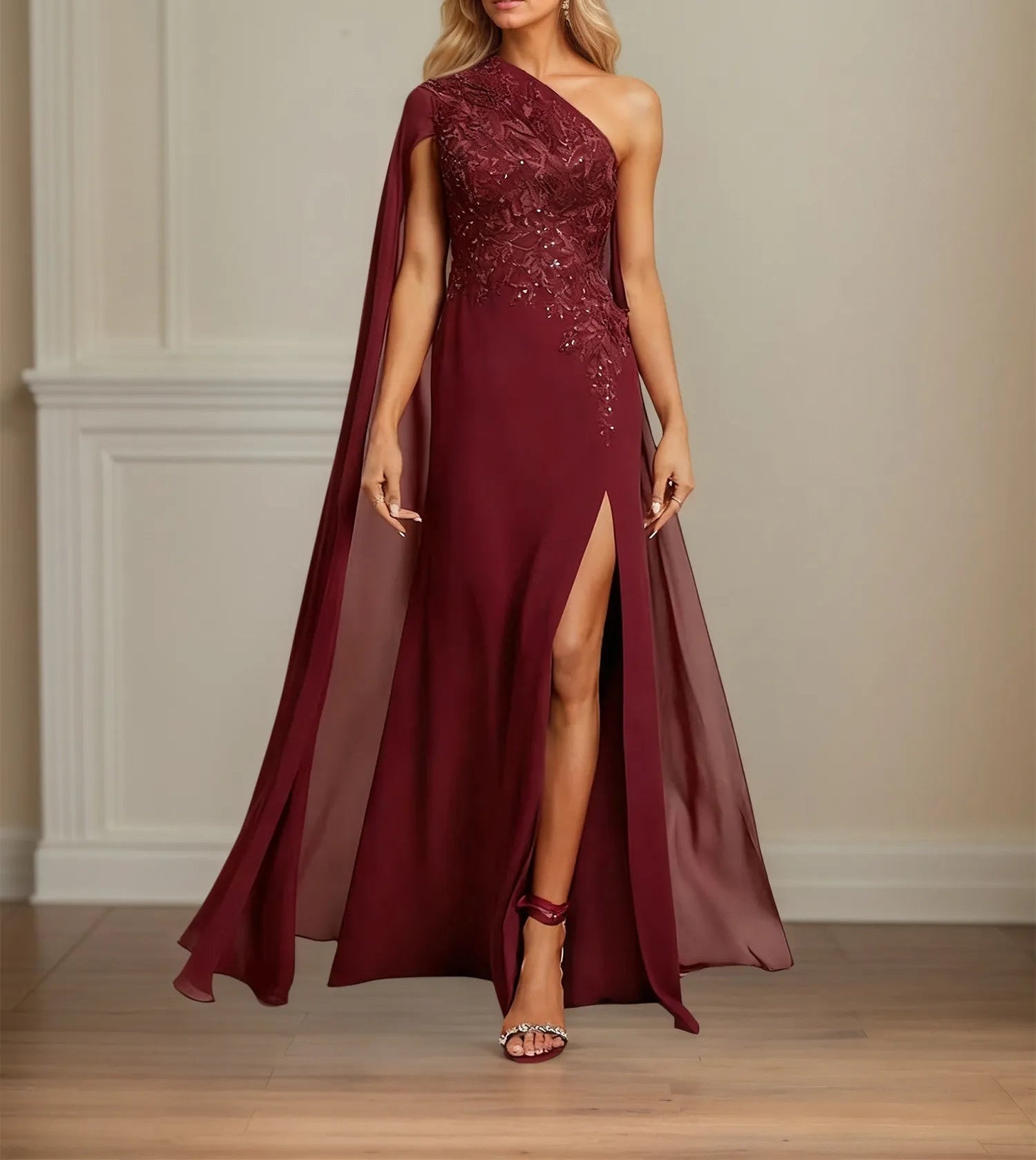 Sheath/Column One Shoulder Floor-Length Chiffon Mother of the Bride Dress With Appliques