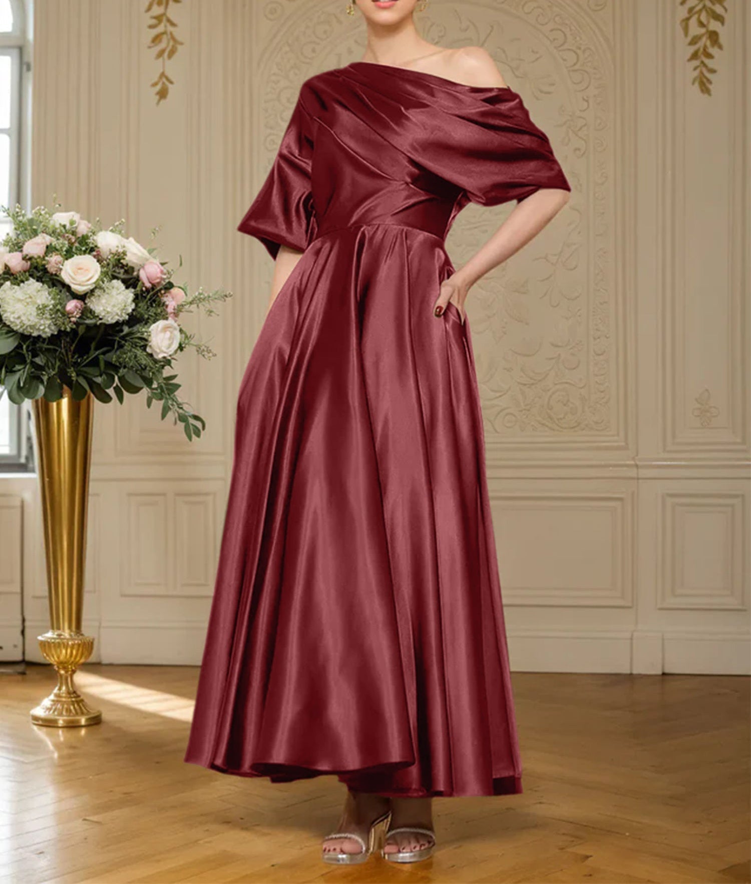 A-line Short Sleeves Pleated Ankle-Length Silk like Satin Mother of the Bride Dress