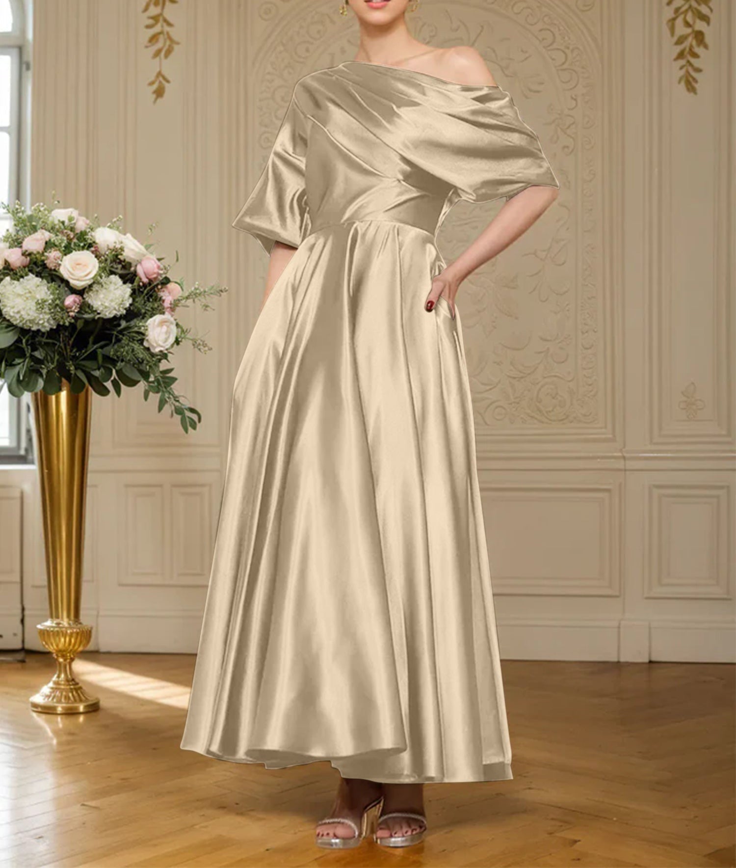 A-line Short Sleeves Pleated Ankle-Length Silk like Satin Mother of the Bride Dress