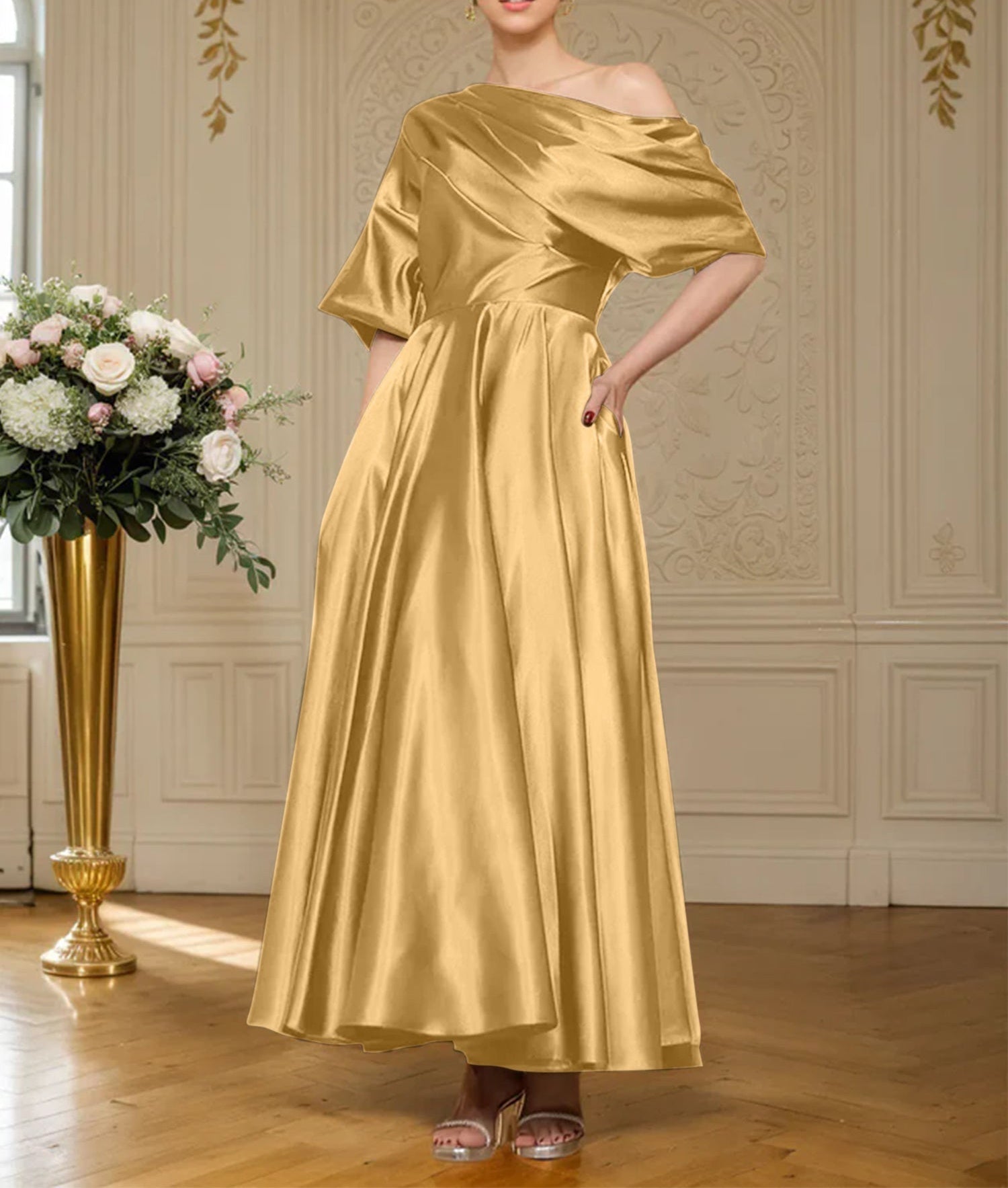 A-line Short Sleeves Pleated Ankle-Length Silk like Satin Mother of the Bride Dress