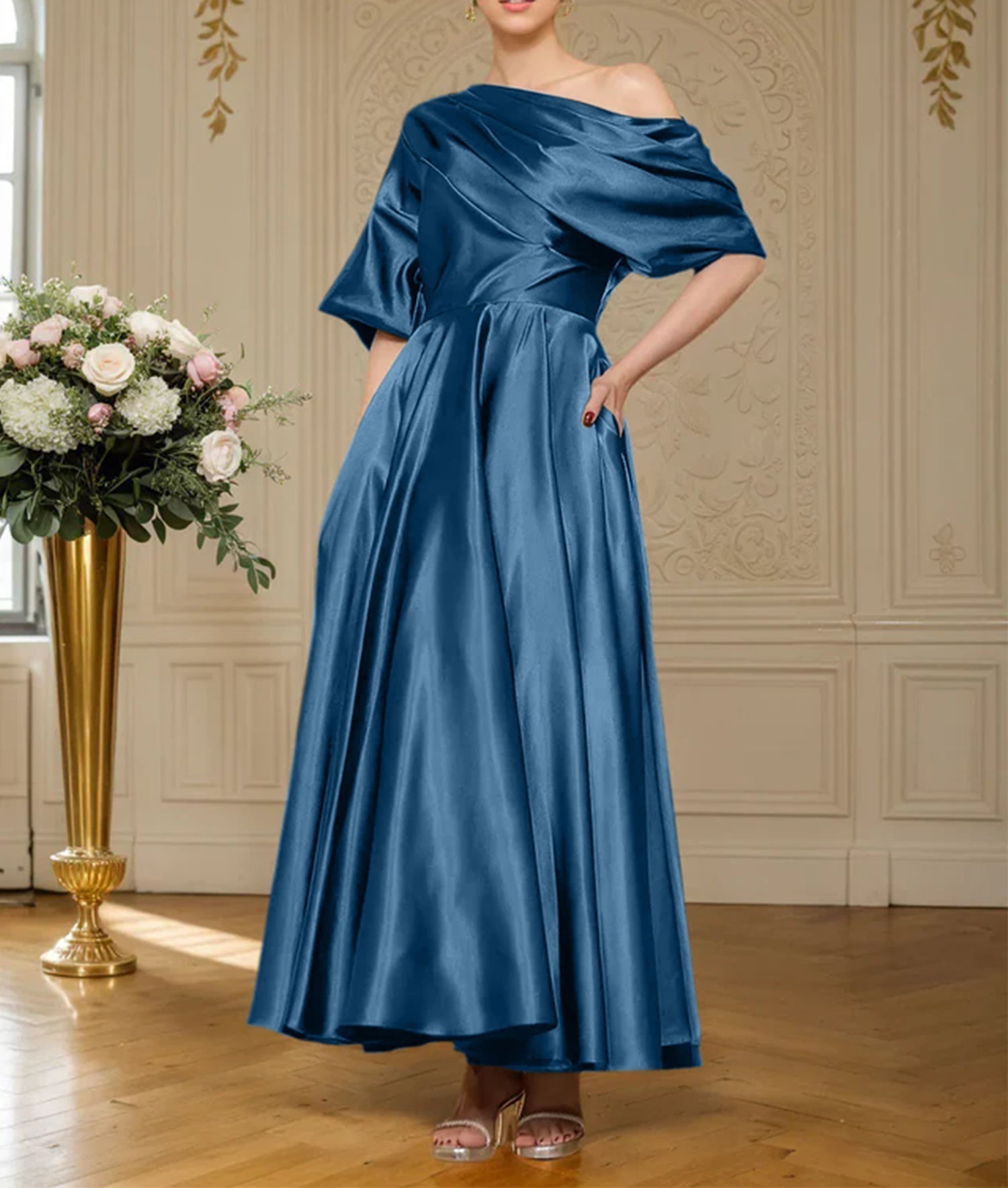 A-line Short Sleeves Pleated Ankle-Length Silk like Satin Mother of the Bride Dress