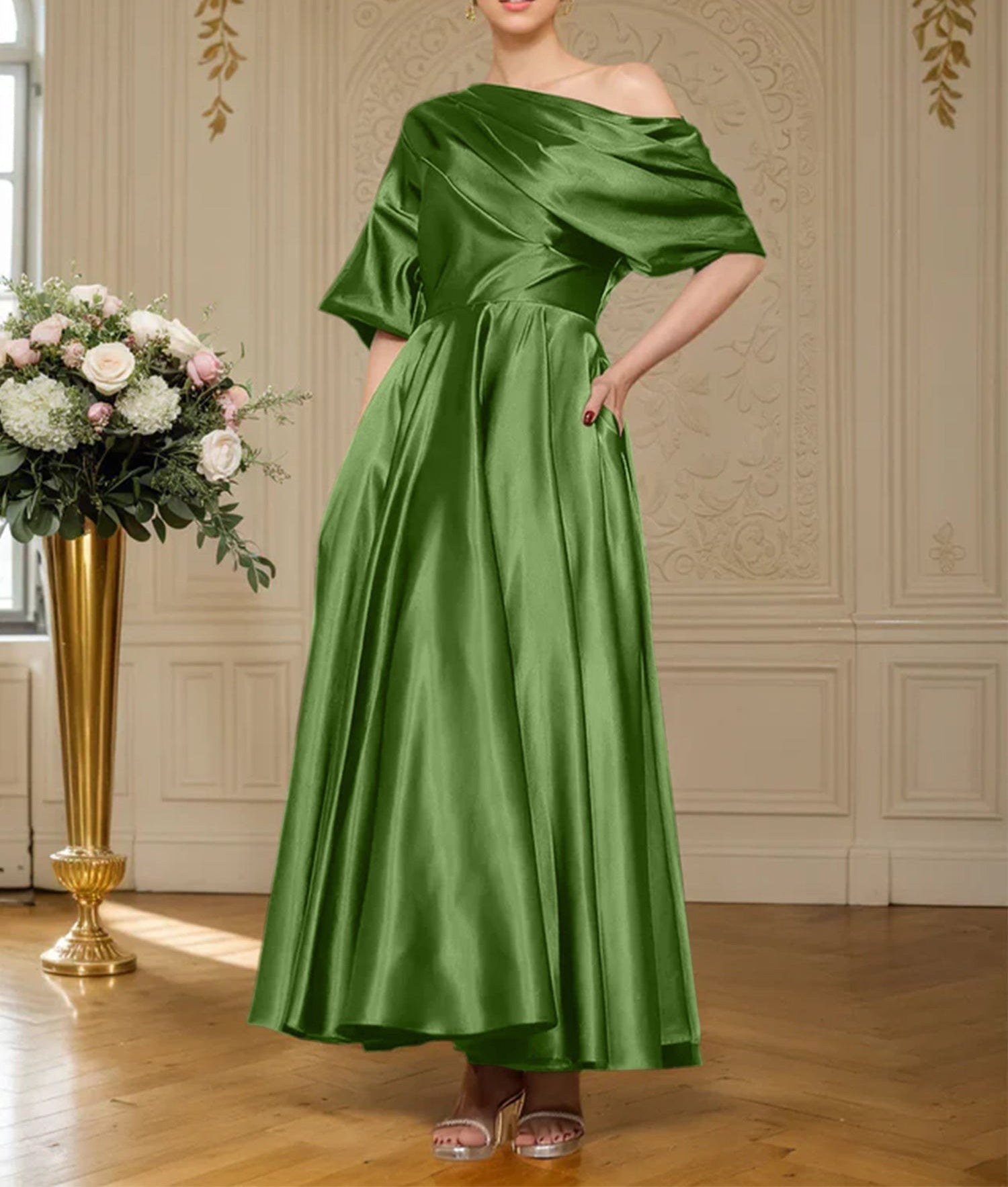A-line Short Sleeves Pleated Ankle-Length Silk like Satin Mother of the Bride Dress