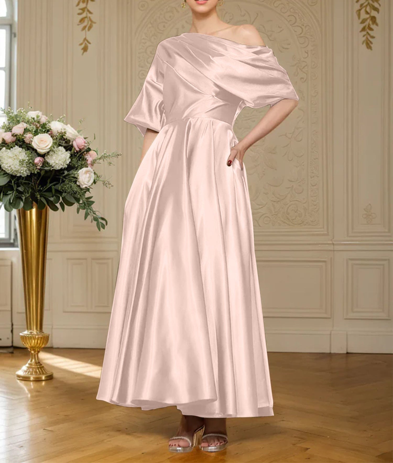 A-line Short Sleeves Pleated Ankle-Length Silk like Satin Mother of the Bride Dress