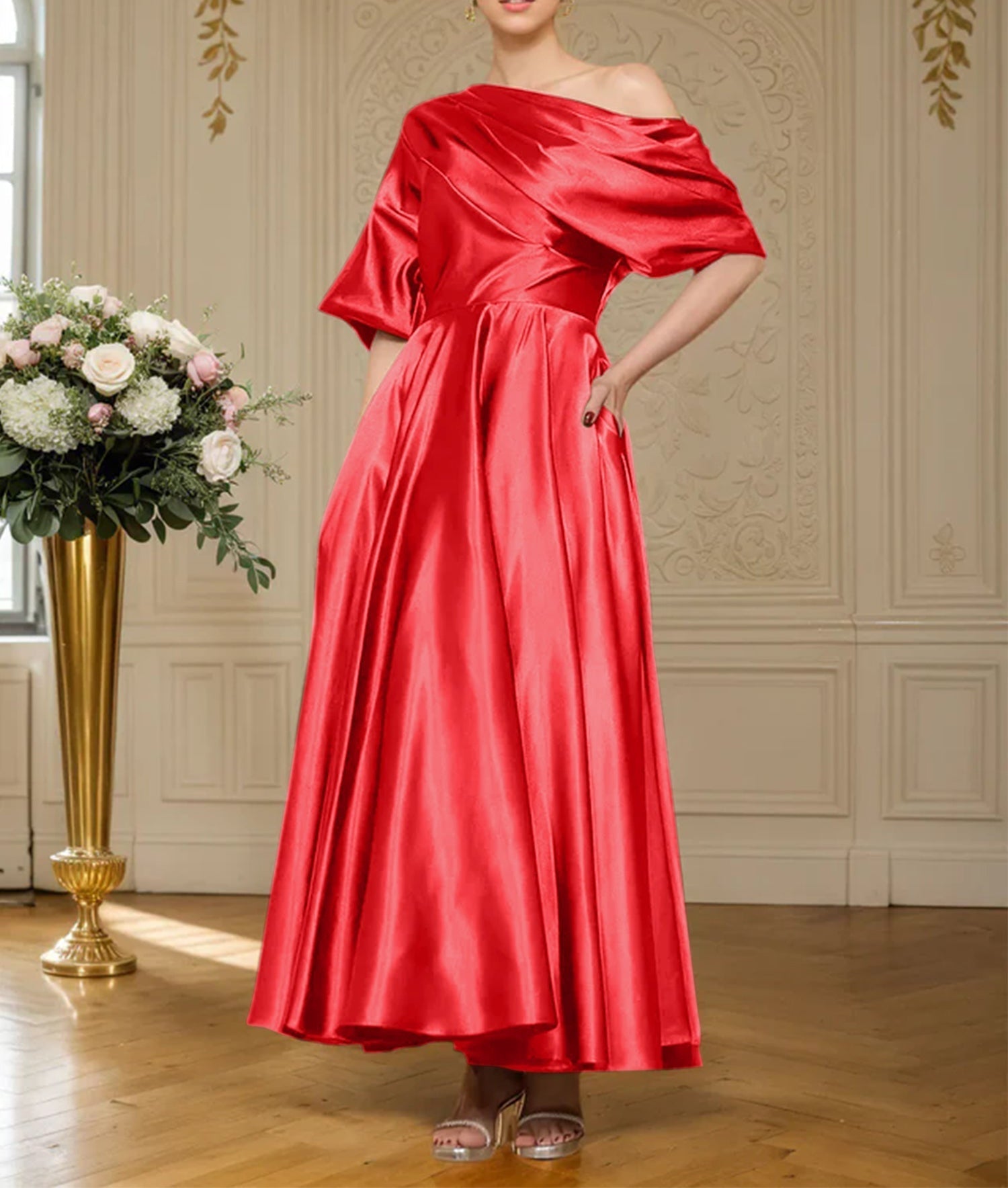 A-line Short Sleeves Pleated Ankle-Length Silk like Satin Mother of the Bride Dress