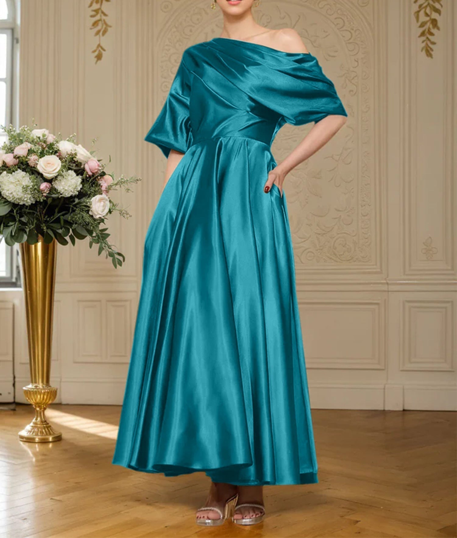 A-line Short Sleeves Pleated Ankle-Length Silk like Satin Mother of the Bride Dress