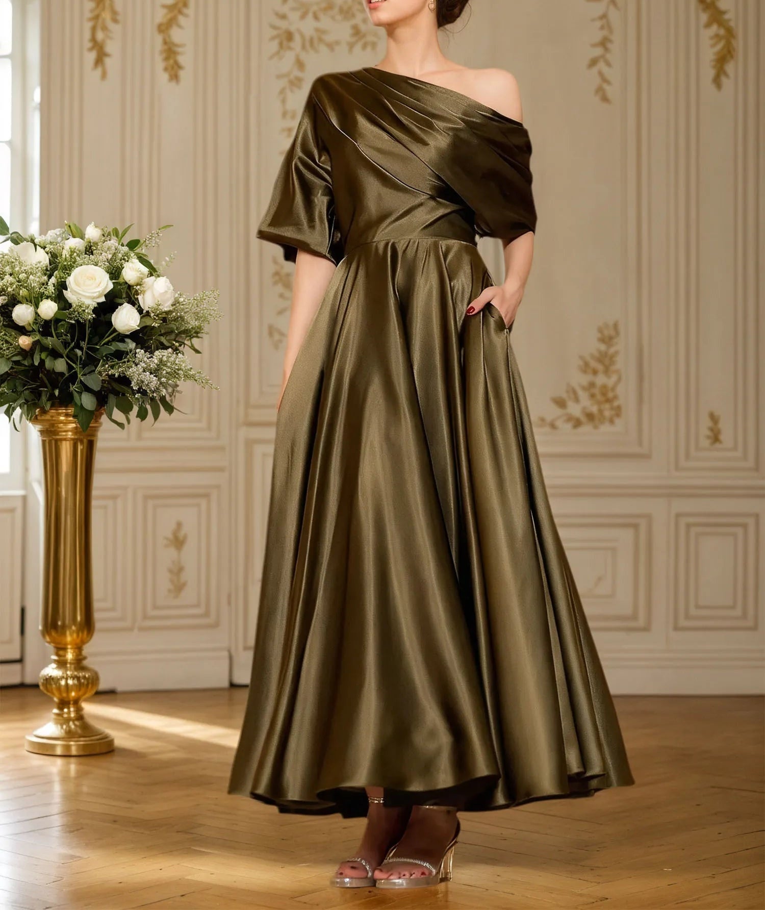 A-line Short Sleeves Pleated Ankle-Length Silk like Satin Mother of the Bride Dress