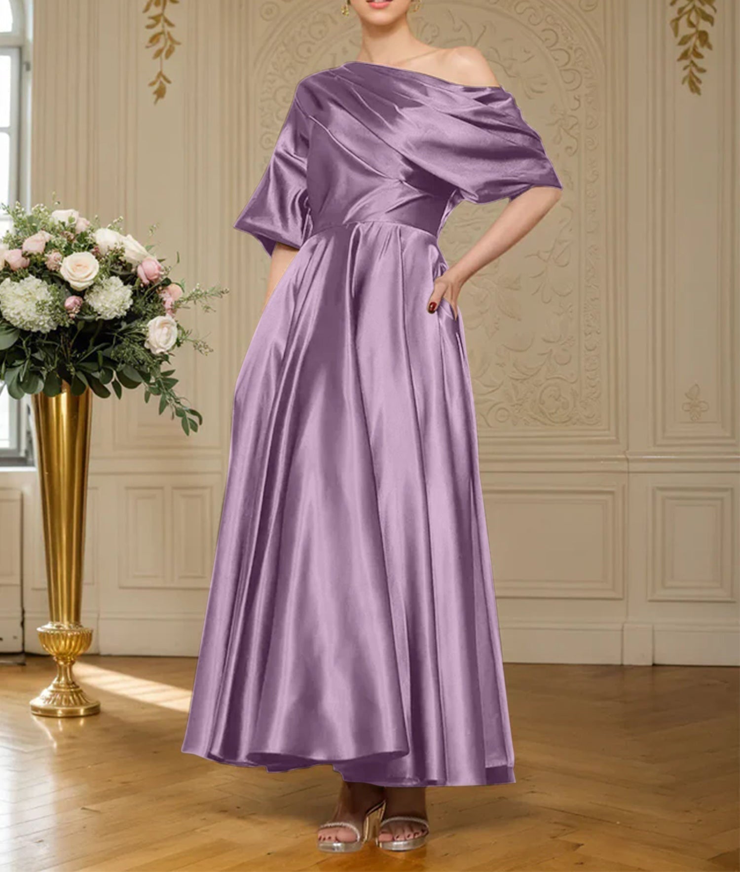 A-line Short Sleeves Pleated Ankle-Length Silk like Satin Mother of the Bride Dress