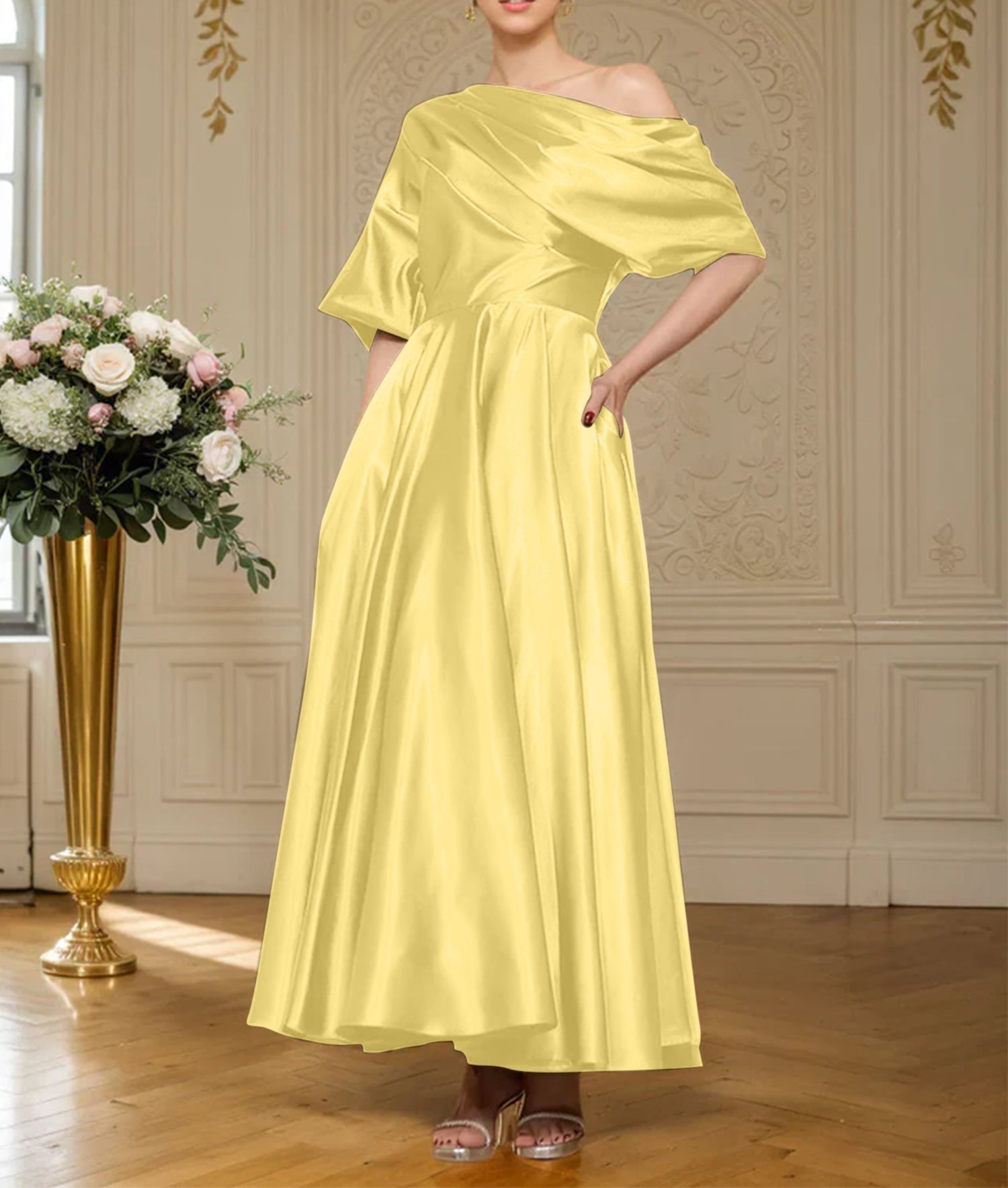 A-line Short Sleeves Pleated Ankle-Length Silk like Satin Mother of the Bride Dress