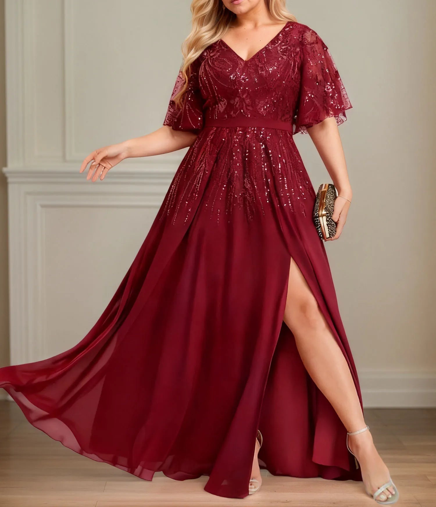 A-line V-Neck Floor-Length Lace Chiffon Evening Dress With Sequins