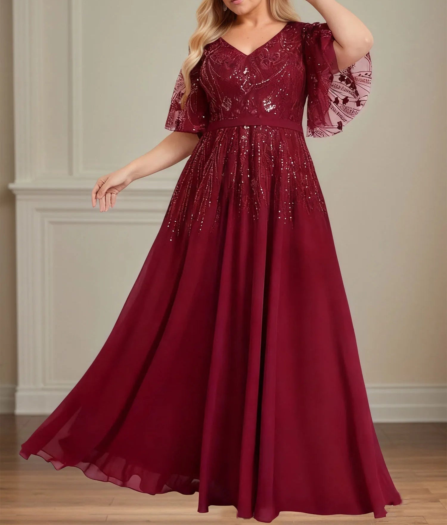 A-line V-Neck Floor-Length Lace Chiffon Evening Dress With Sequins