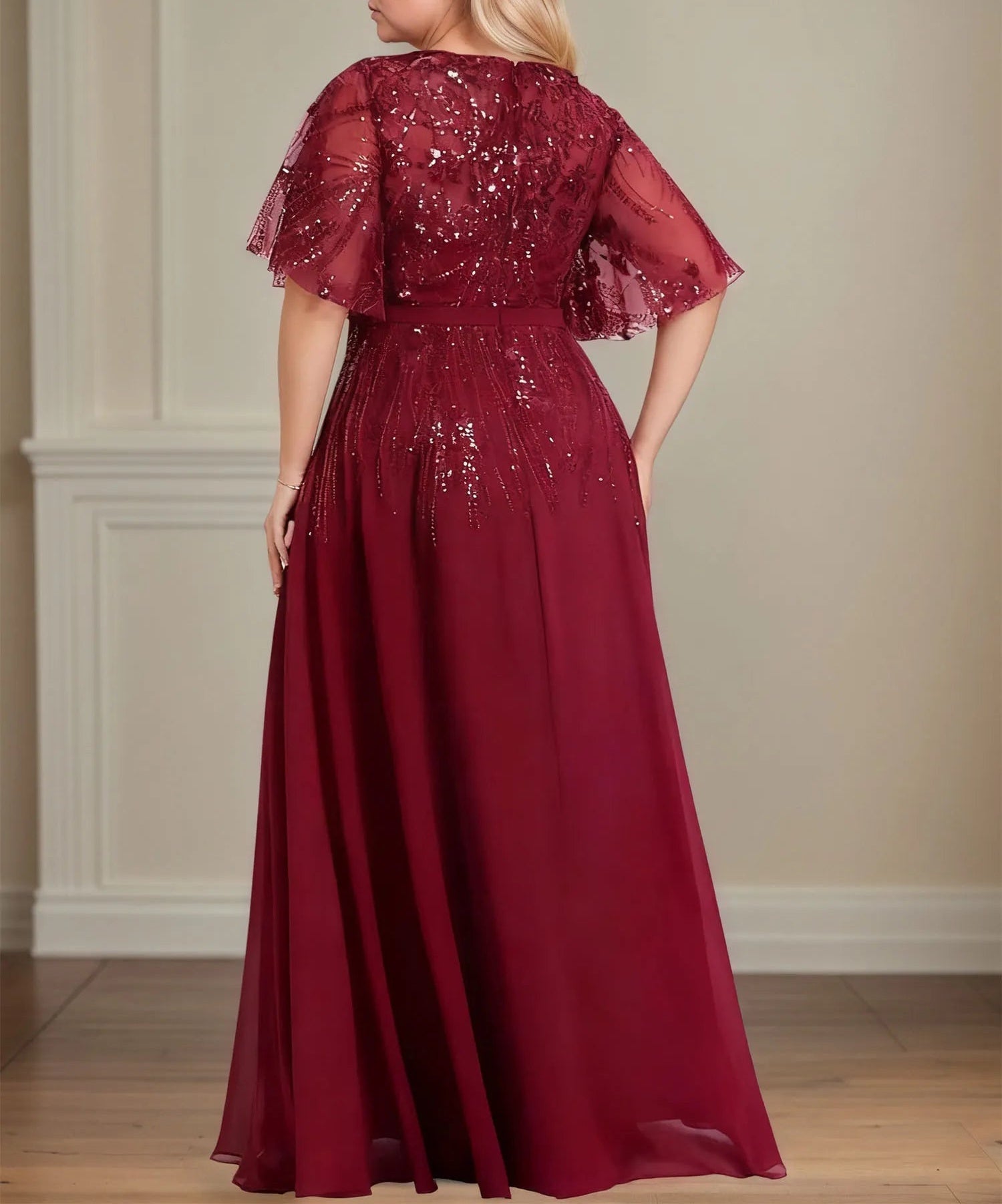A-line V-Neck Floor-Length Lace Chiffon Evening Dress With Sequins