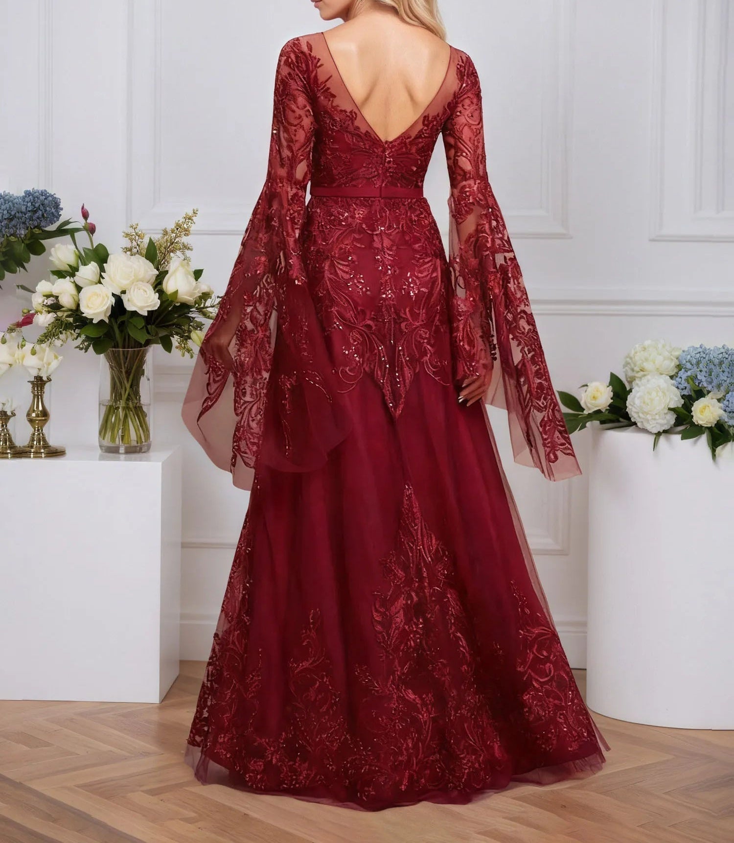 A-line Scoop Illusion Floor-Length Tulle Lace Evening Dress With Sequins