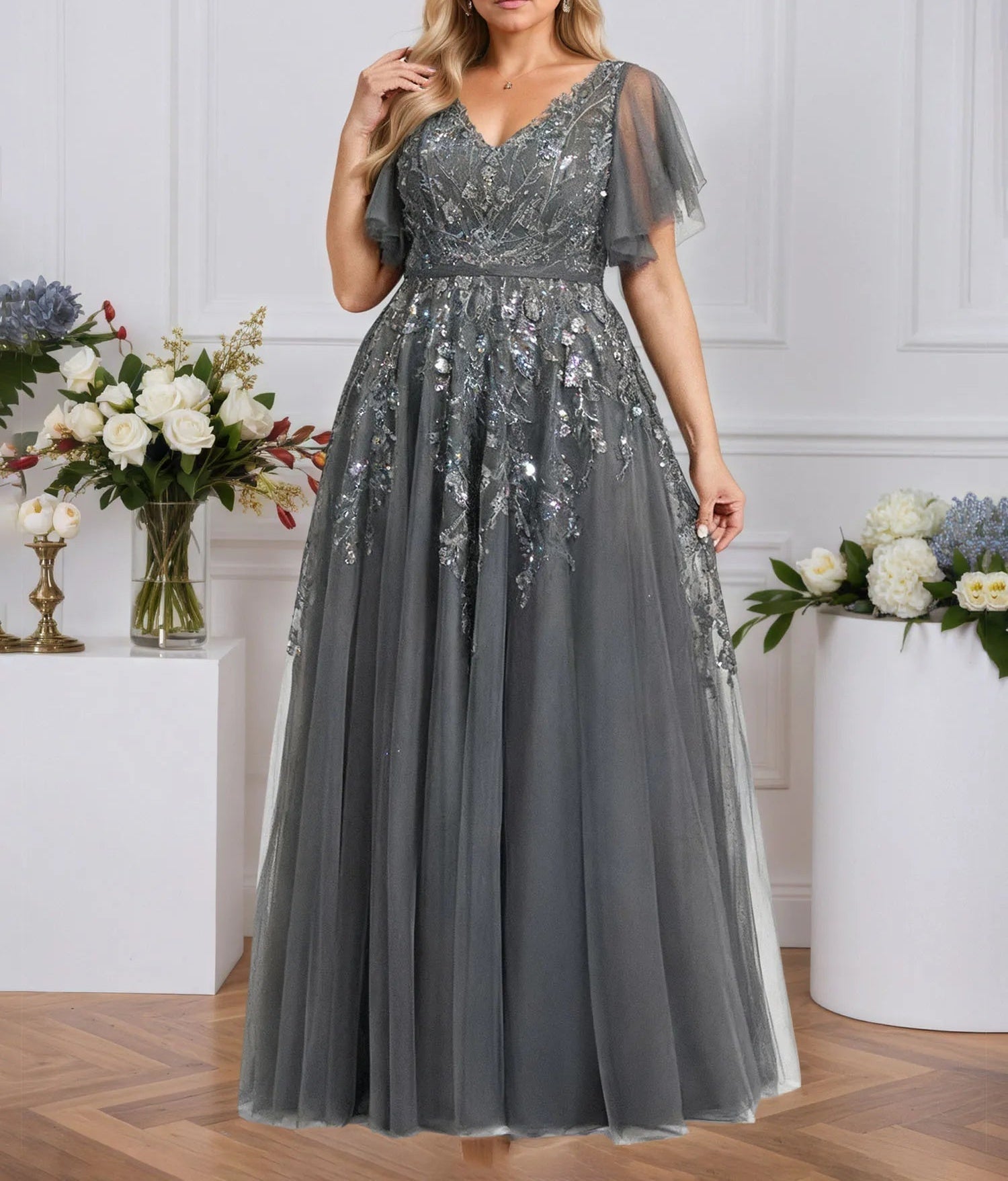 A-line V-Neck Floor-Length Tulle Lace Evening Dress With Sequins