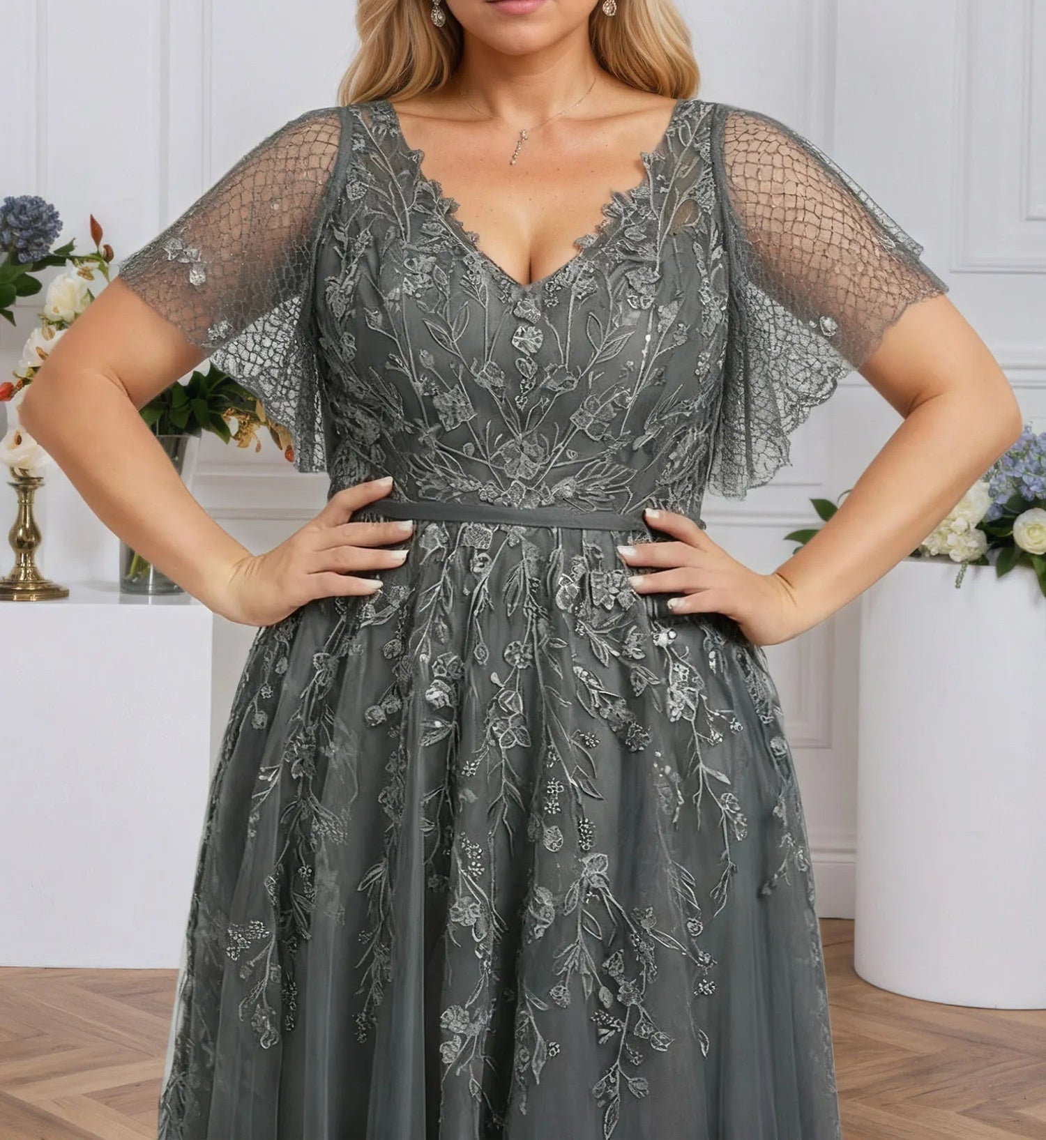 A-line V-Neck Floor-Length Tulle Lace Evening Dress With Sequins