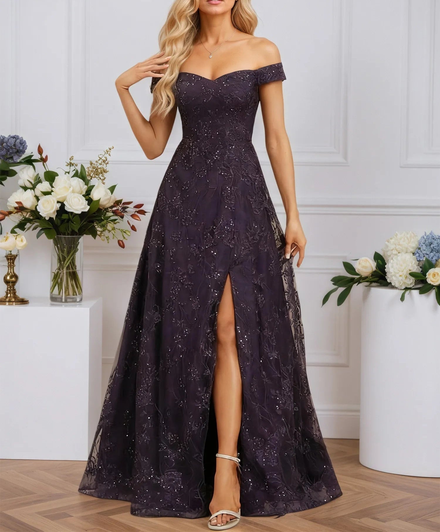 A-line Off the Shoulder Floor-Length Sequin Lace Evening Dress