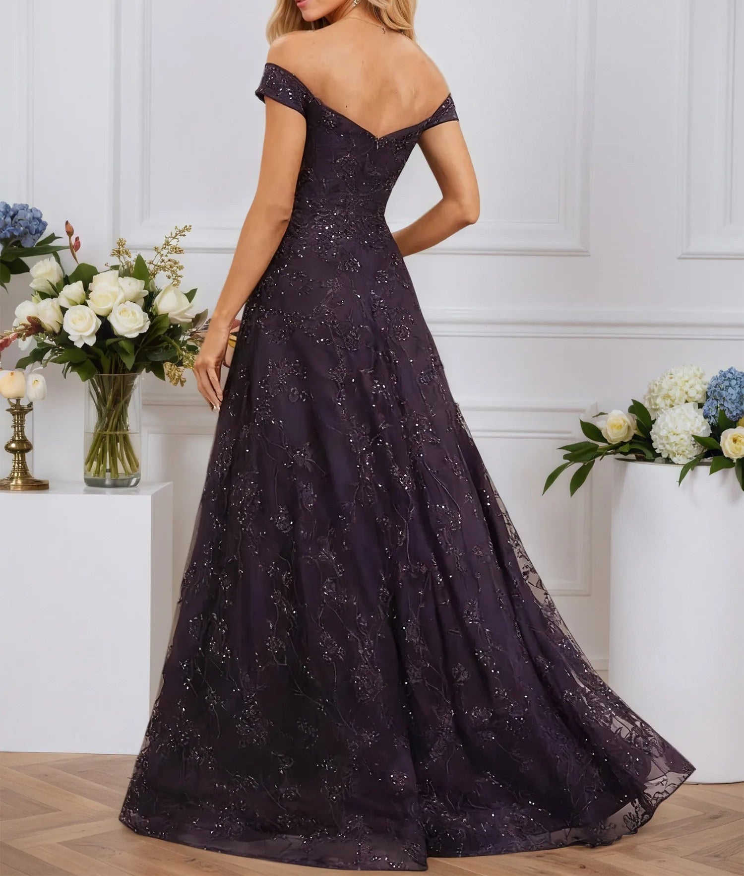 A-line Off the Shoulder Floor-Length Sequin Lace Evening Dress