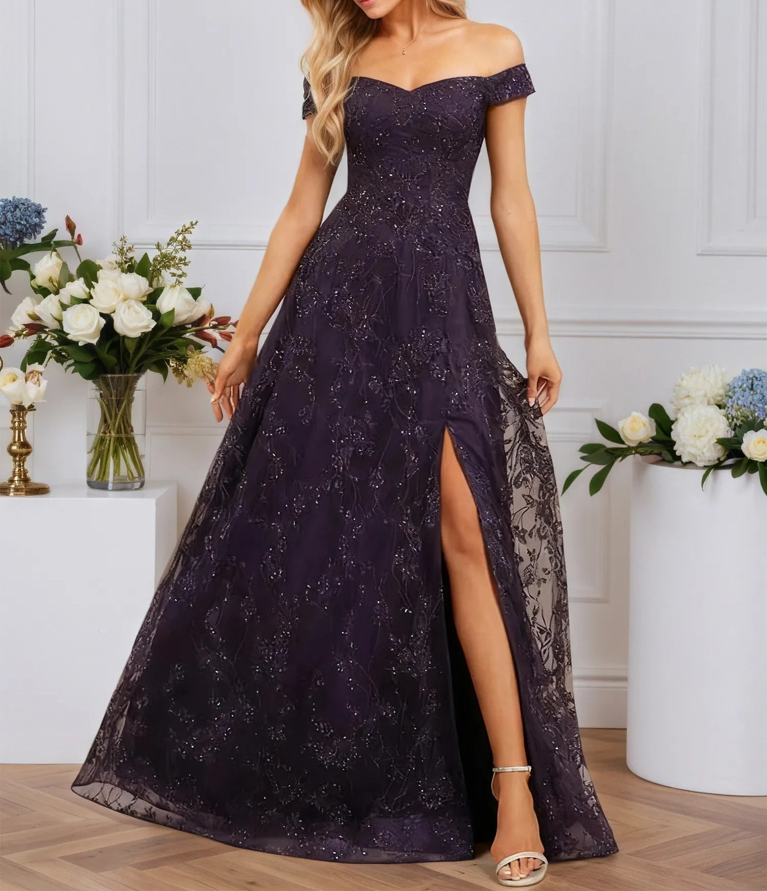 A-line Off the Shoulder Floor-Length Sequin Lace Evening Dress