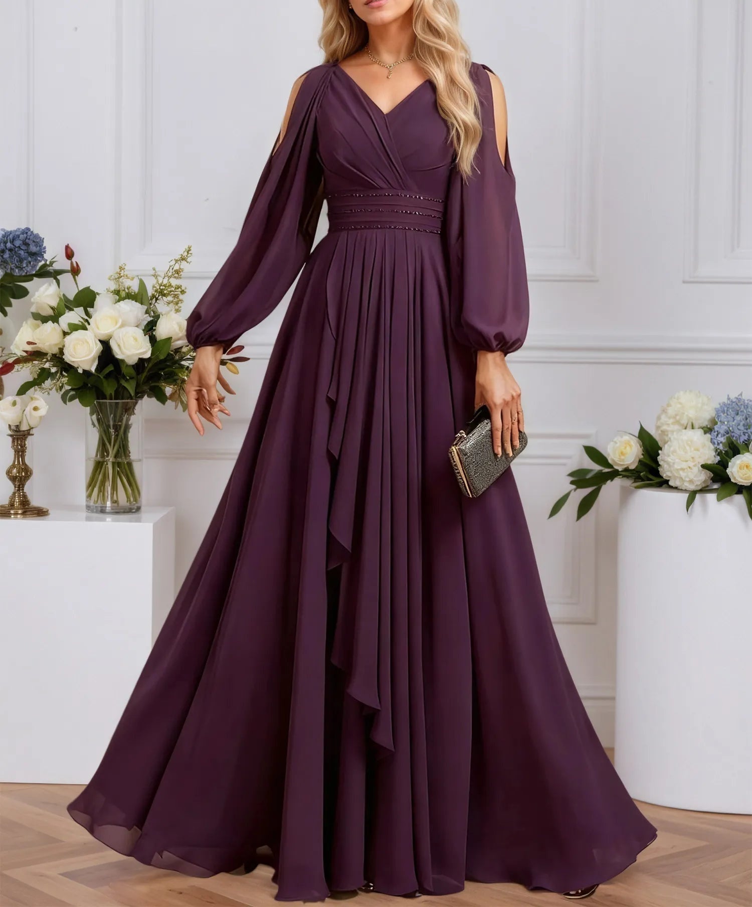 A-line Cold Shoulder V-Neck Floor-Length Chiffon Evening Dress With Cascading Ruffles Beading