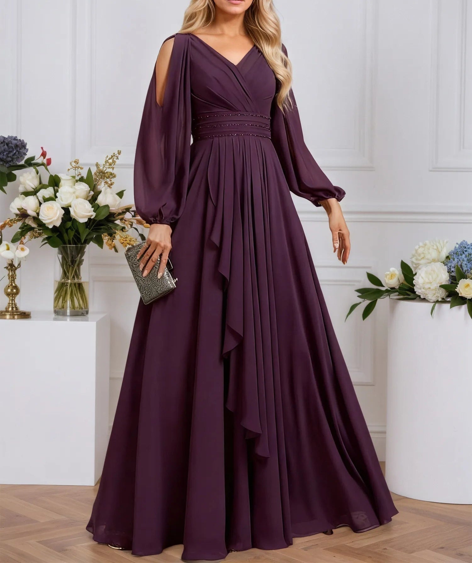A-line Cold Shoulder V-Neck Floor-Length Chiffon Evening Dress With Cascading Ruffles Beading