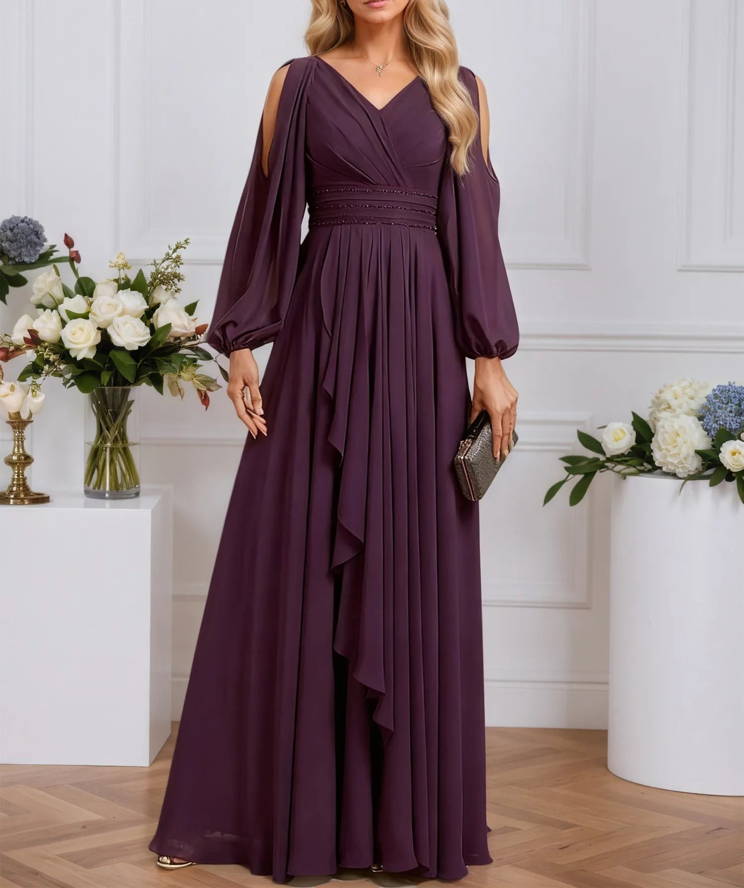 A-line Cold Shoulder V-Neck Floor-Length Chiffon Evening Dress With Cascading Ruffles Beading