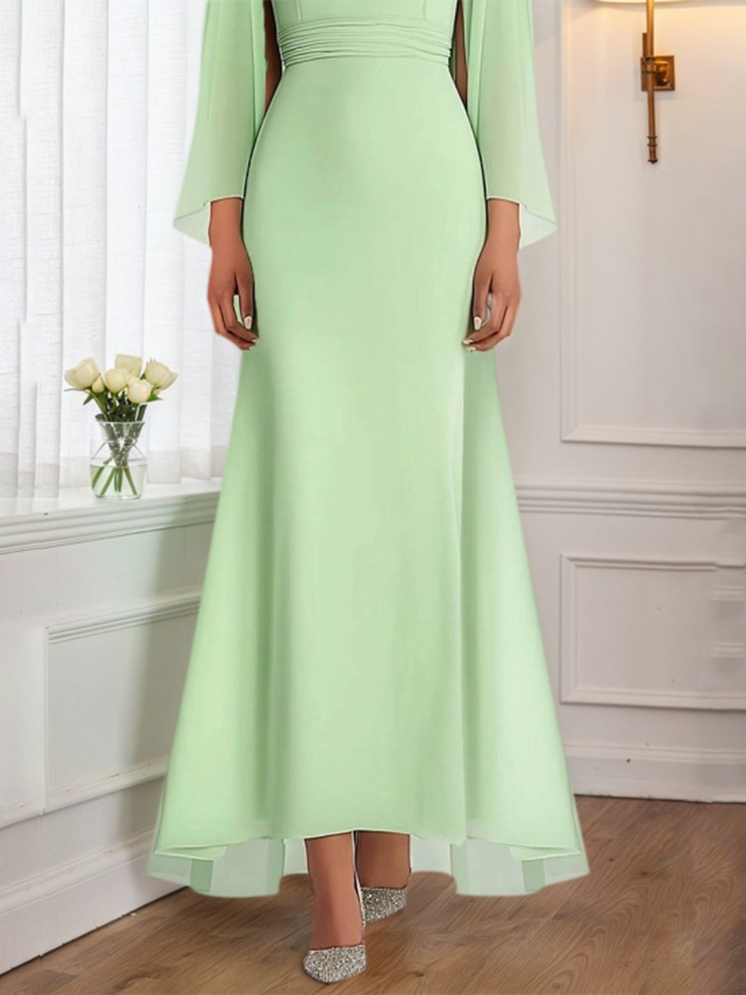 Wedding Guest Dresses Sage Green Chiffon Cape Maxi Mother of Bride Dresses