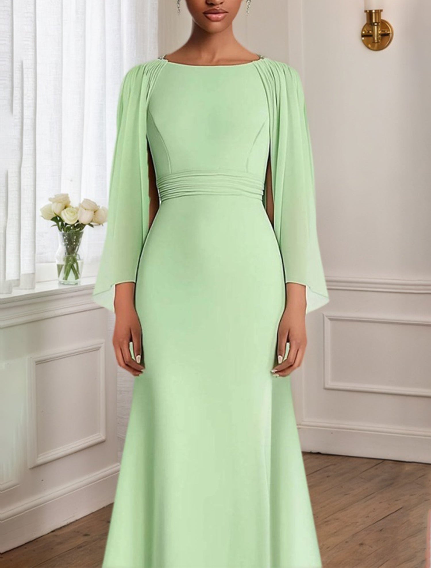 Wedding Guest Dresses Sage Green Chiffon Cape Maxi Mother of Bride Dresses
