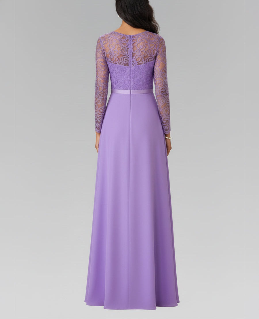 Elegant A-Line Long Lace Sleeves Gown with Beaded Waist