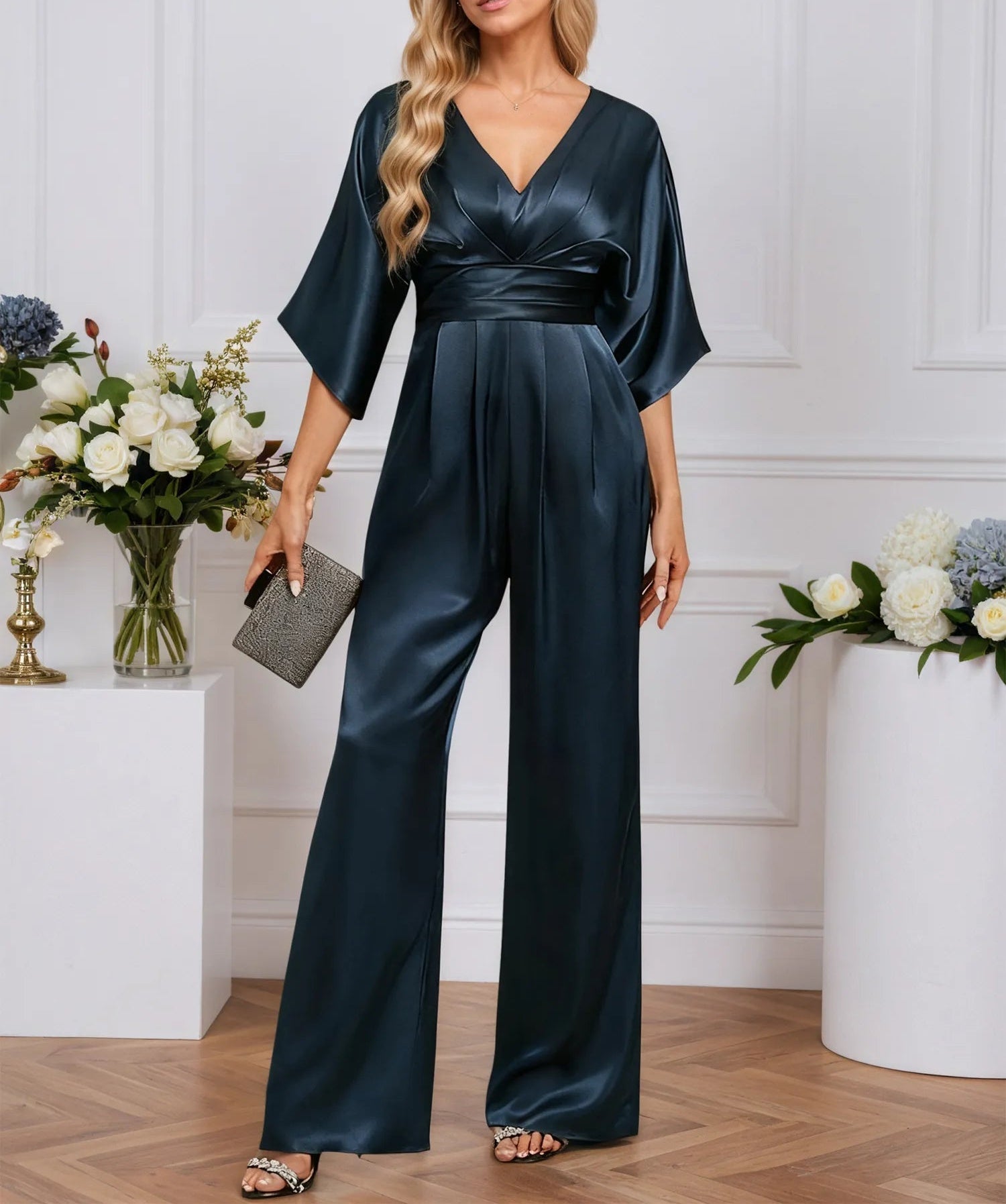 Jumpsuits V-Neck Floor-Length Stretch Satin Evening Dress With Pleated