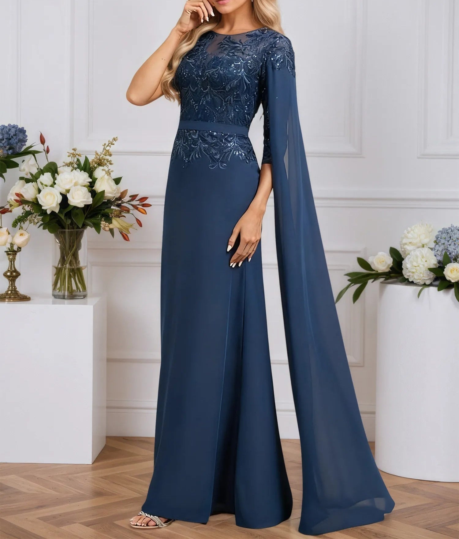 A-line Scoop Neck Floor-Length Chiffon Evening Dress With Sequins Appliques
