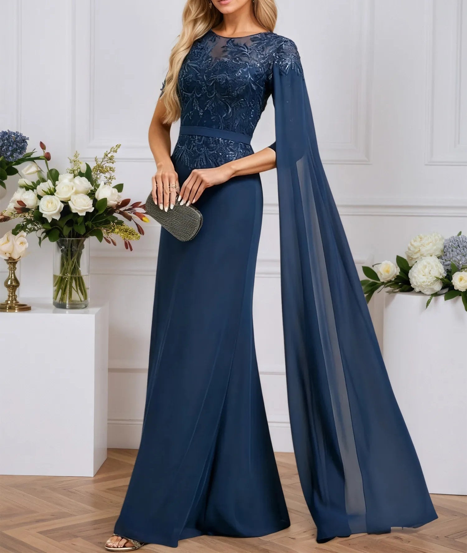 A-line Scoop Neck Floor-Length Chiffon Evening Dress With Sequins Appliques