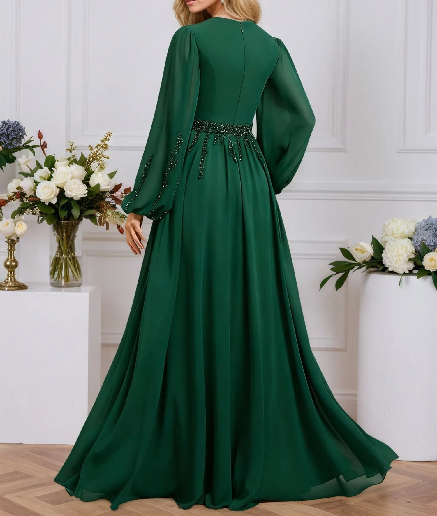 A-line V-Neck Floor-Length Chiffon Evening Dress With Pleated Sequins Beading