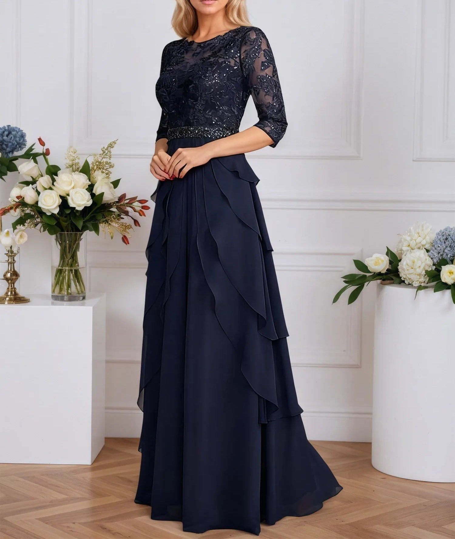 A-line Scoop Illusion Floor-Length Chiffon Mother of the Bride Dress With Sequins Beading