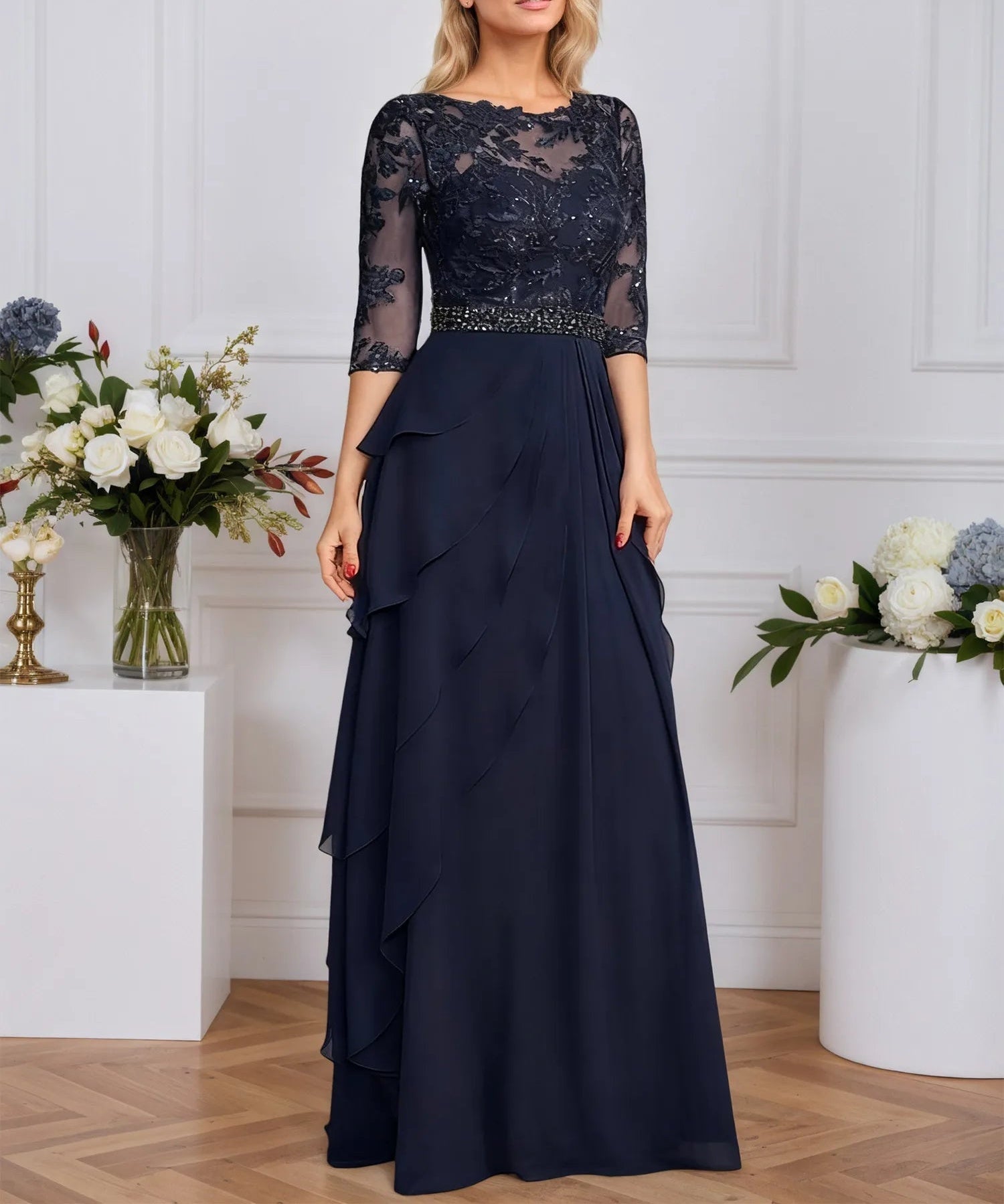 A-line Scoop Illusion Floor-Length Chiffon Mother of the Bride Dress With Sequins Beading