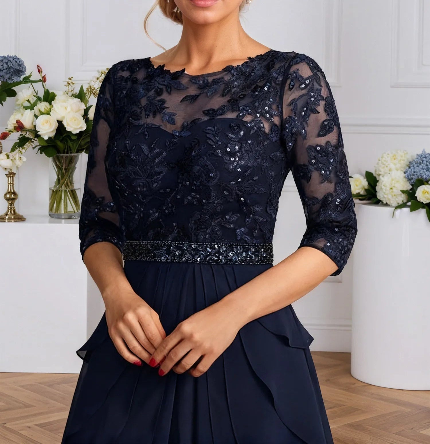 A-line Scoop Illusion Floor-Length Chiffon Mother of the Bride Dress With Sequins Beading
