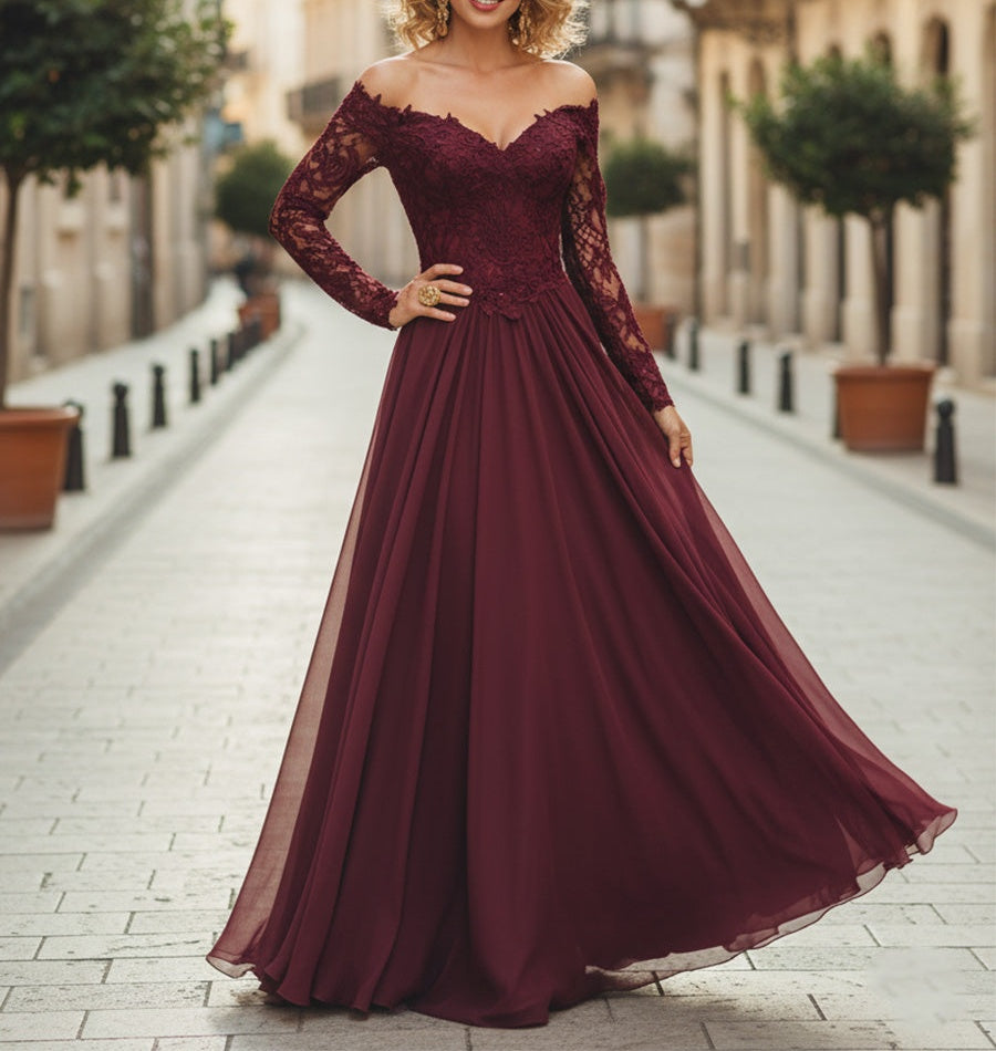 Cabernet A Line Chiffon Long Mother of the Bride Dress with Sleeves