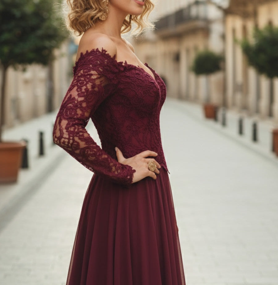 Cabernet A Line Chiffon Long Mother of the Bride Dress with Sleeves