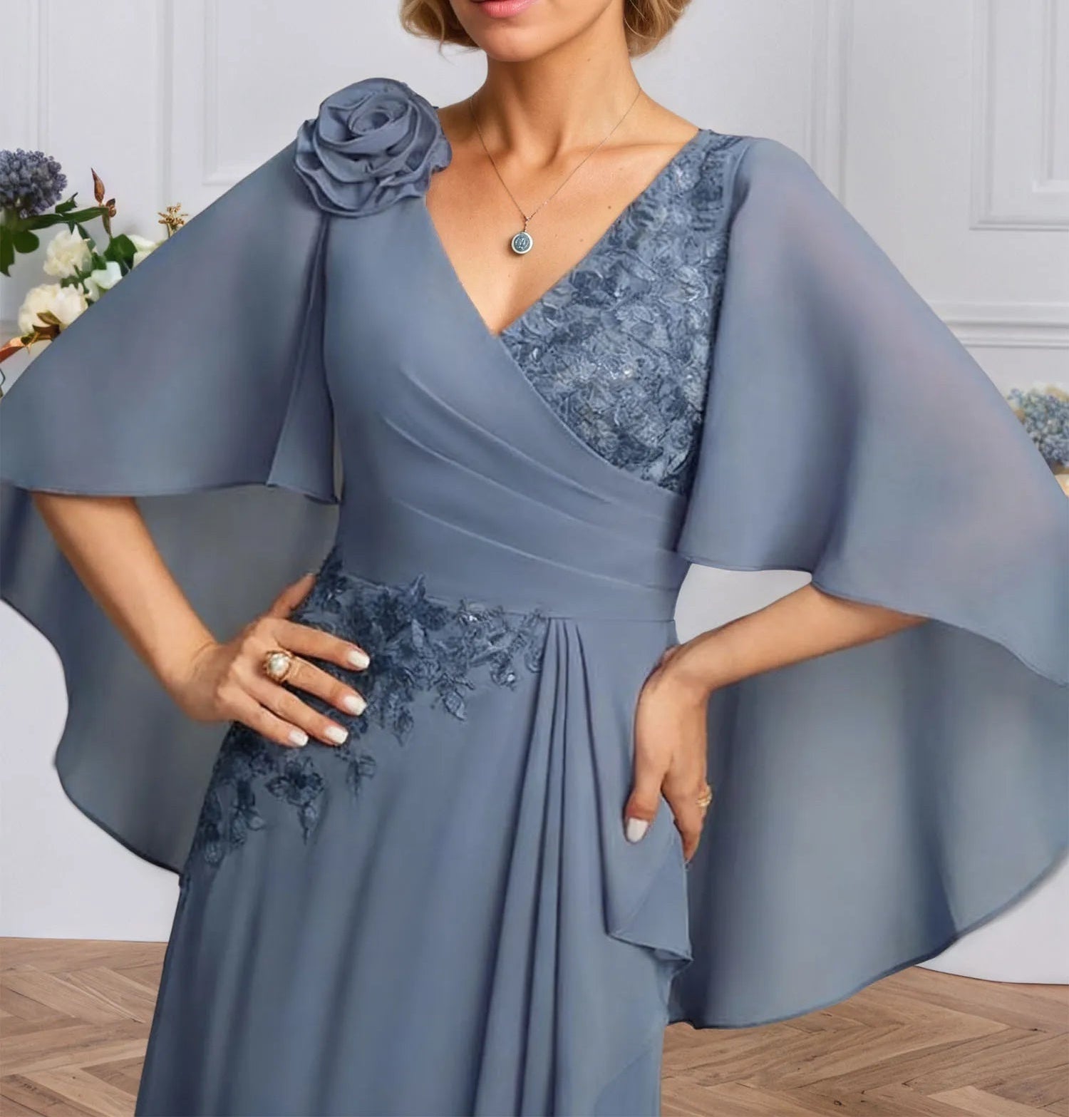 A-line V-Neck Floor-Length Lace Chiffon Mother of the Bride Dress With 3D Floral Sequins Cascading Ruffles