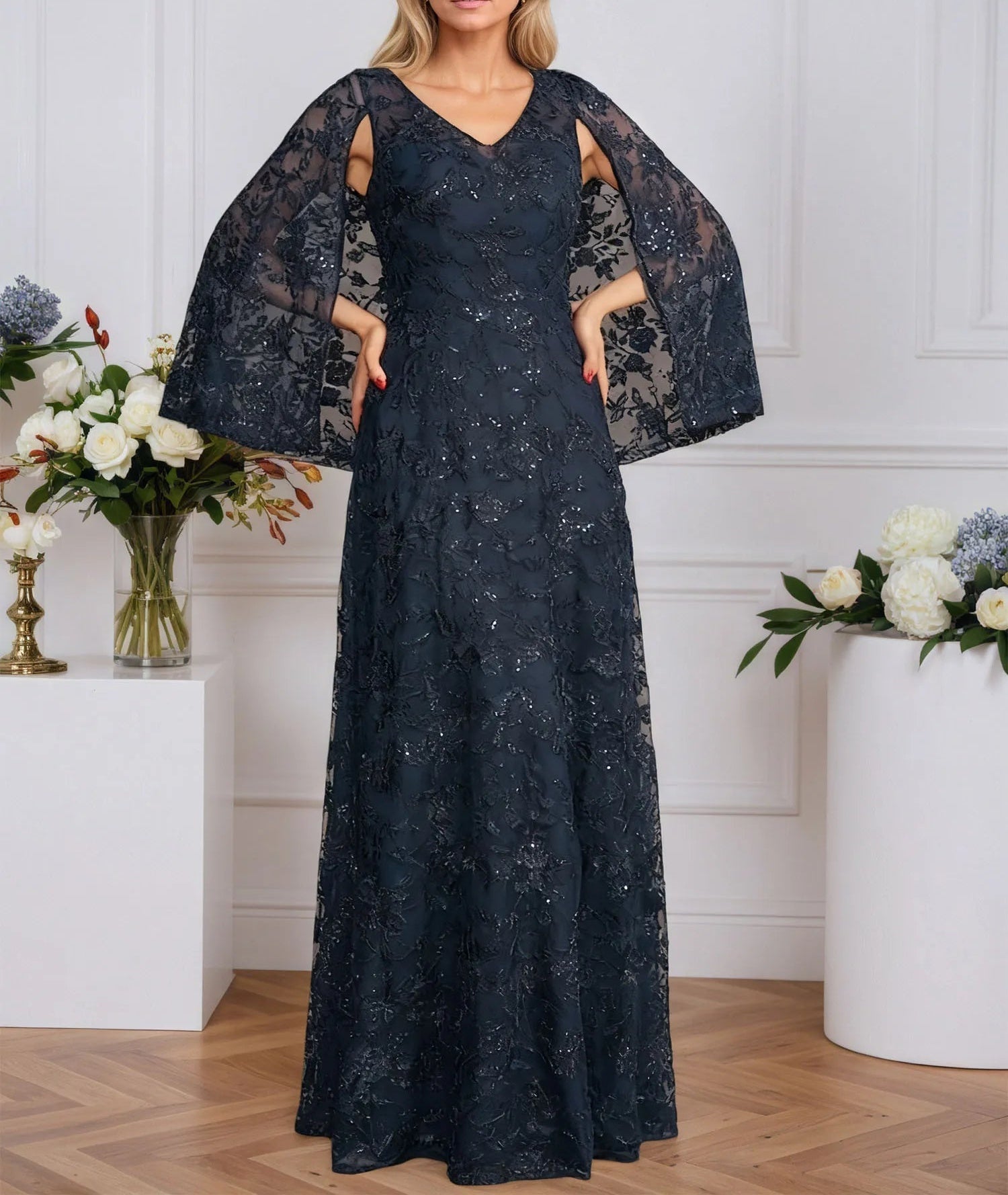 A-line V-Neck Floor-Length Lace Mother of the Bride Dress With Sequins