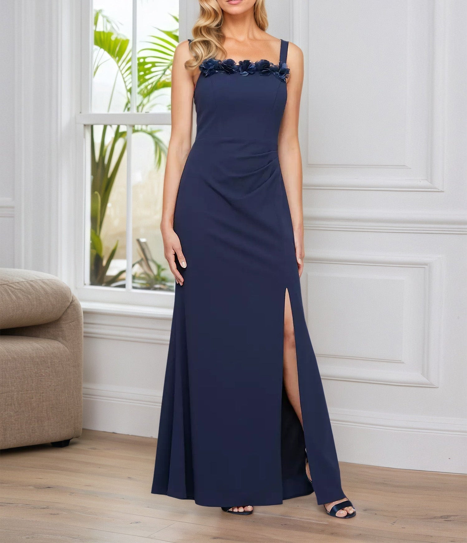 Sheath/Column Square Neck Floor-Length Mother of the Bride Dress With Pleated