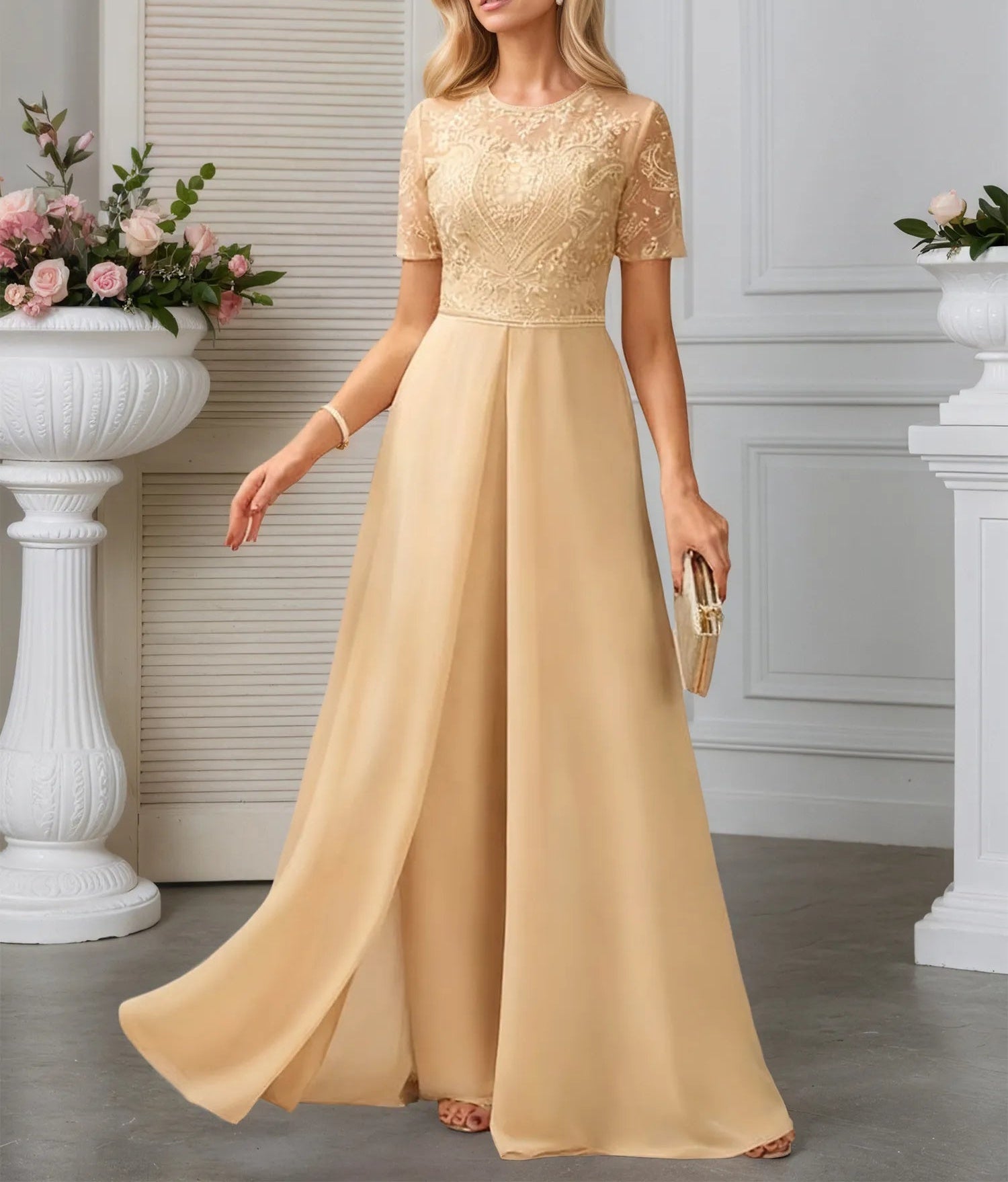 Jumpsuits Illusion Scoop Floor-Length Lace Chiffon Evening Dress With Overskirt Sequins