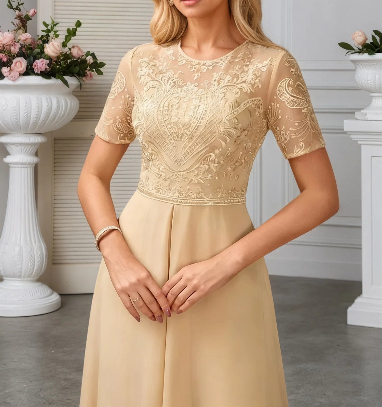 Jumpsuits Illusion Scoop Floor-Length Lace Chiffon Evening Dress With Overskirt Sequins