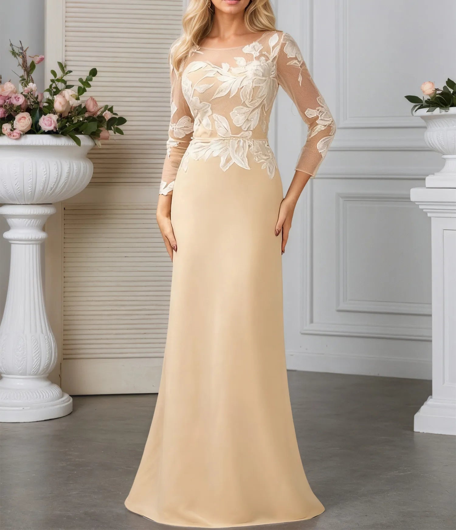 Sheath/Column Scoop Illusion Sweep Train Chiffon Evening Dress With Sequins