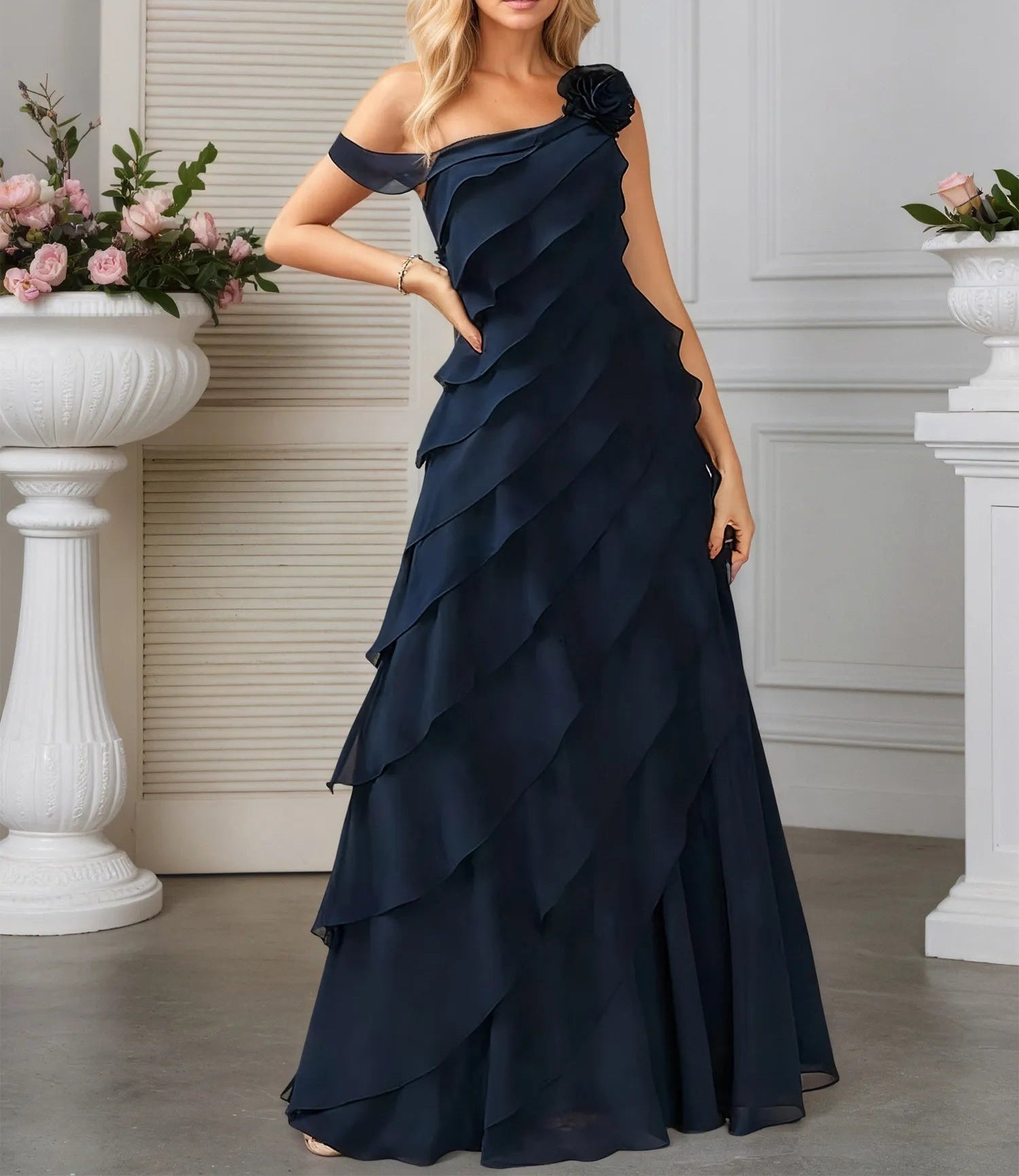 A-line One Shoulder Floor-Length Chiffon Evening Dress With Cascading Ruffles Flower