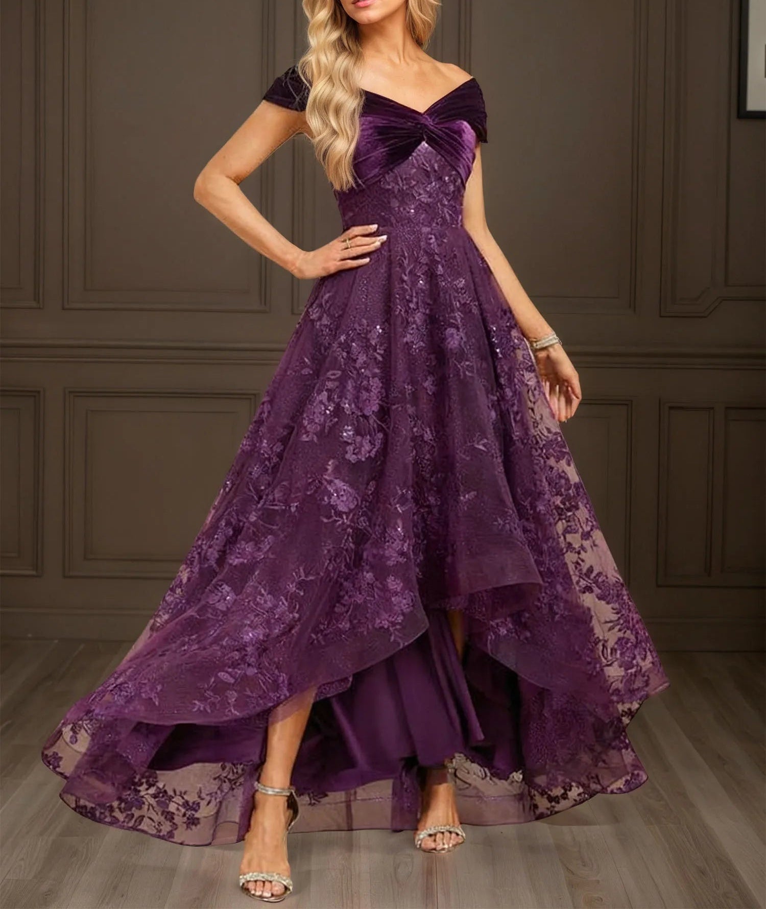 A-line Off the Shoulder Asymmetrical Velvet Lace Evening Dress With Pleated Sequins
