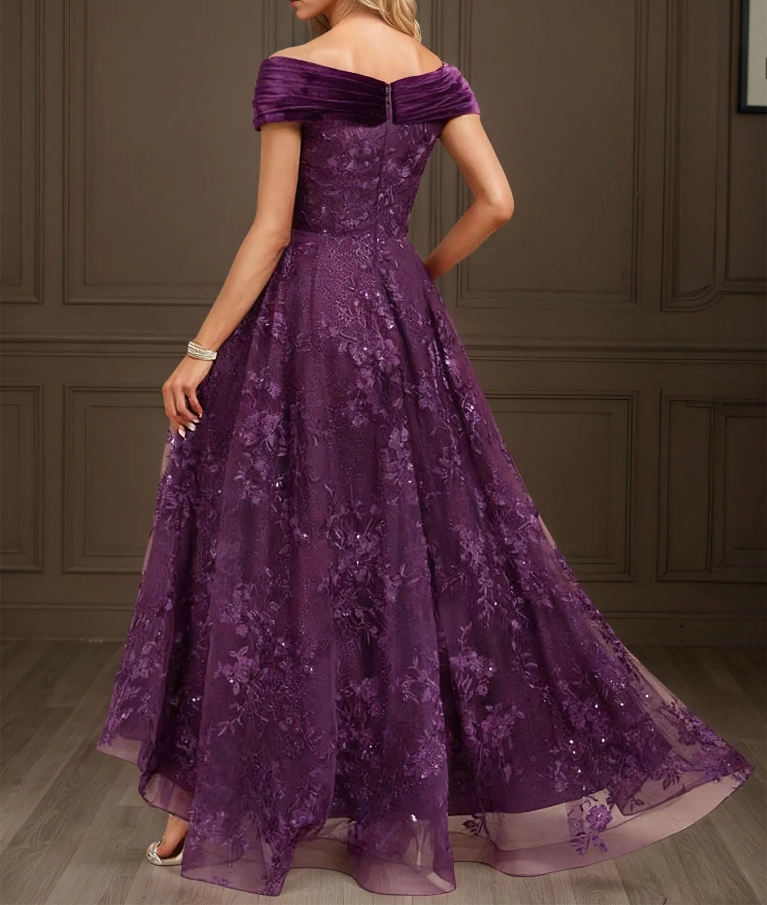 A-line Off the Shoulder Asymmetrical Velvet Lace Evening Dress With Pleated Sequins
