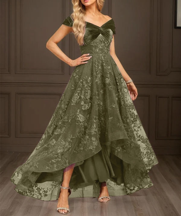A-line Off the Shoulder Asymmetrical Velvet Lace Evening Dress With Pleated Sequins