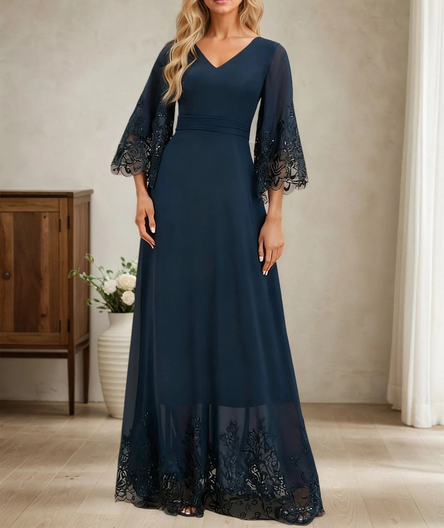 A-line V-Neck Floor-Length Chiffon Evening Dress With Pleated Sequins