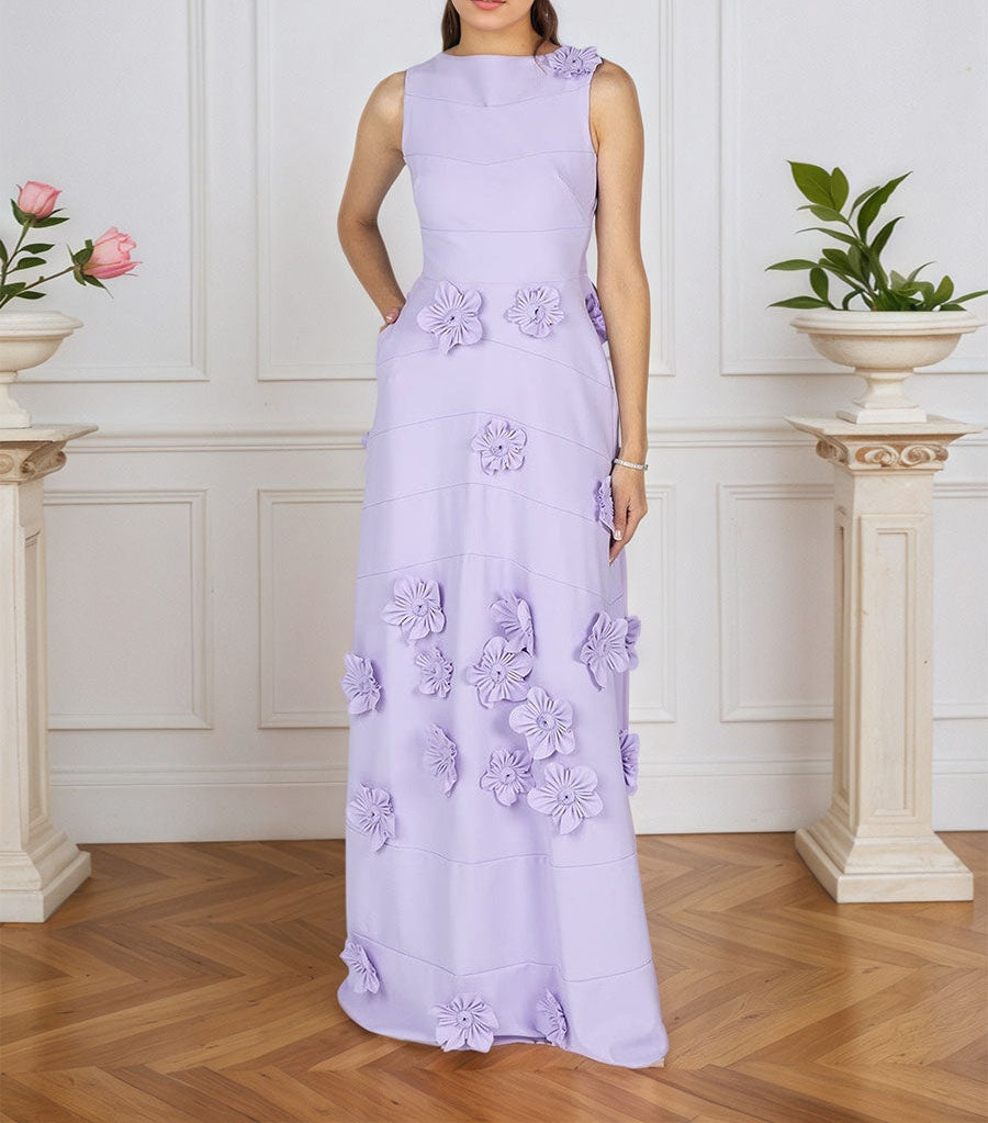 Lavender Boat Neck Formal Gown with Cascading 3D Flowers