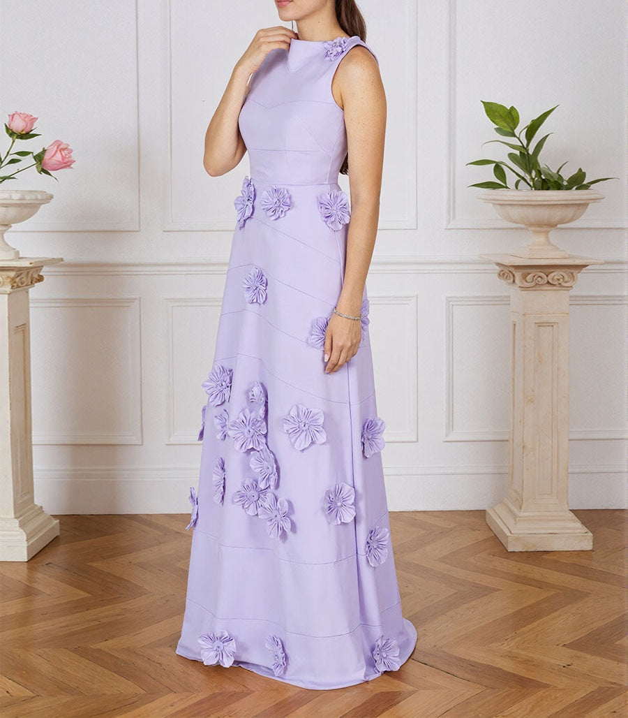 Lavender Boat Neck Formal Gown with Cascading 3D Flowers