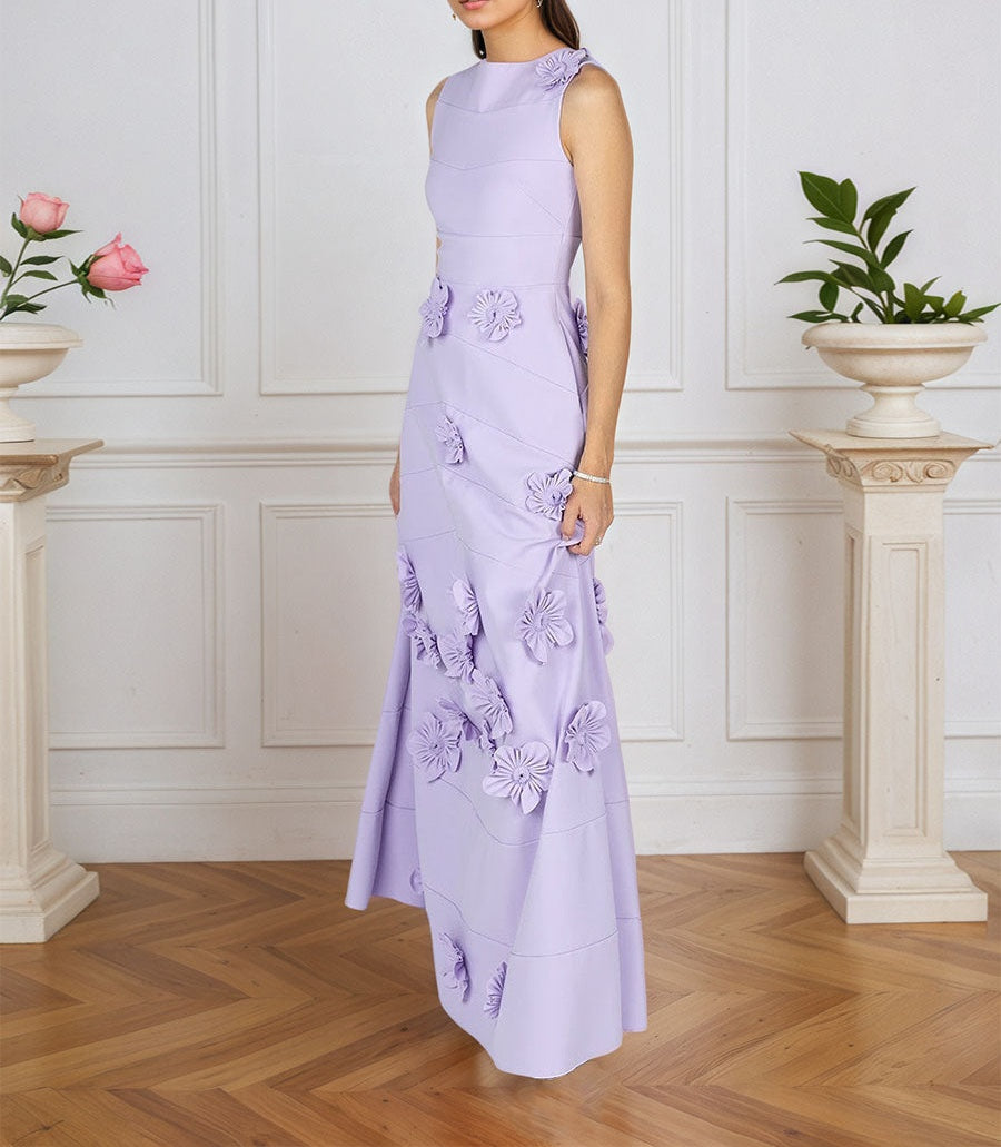 Lavender Boat Neck Formal Gown with Cascading 3D Flowers
